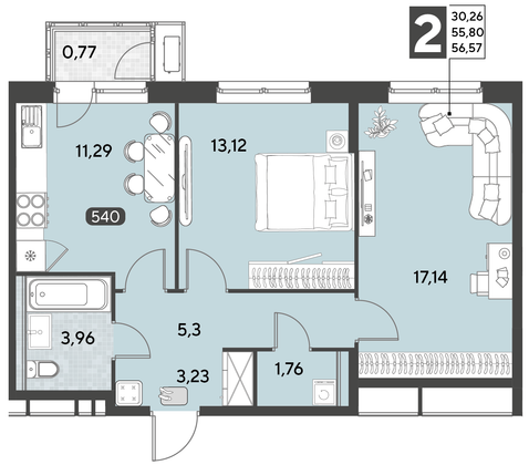 Продажа 2-комнатной квартиры 56,6 м², 21/21 этаж