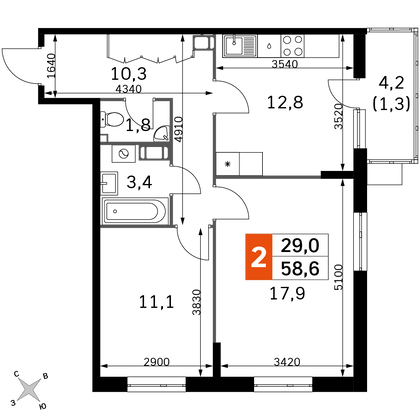 58,6 м², 2-комн. квартира, 8/22 этаж