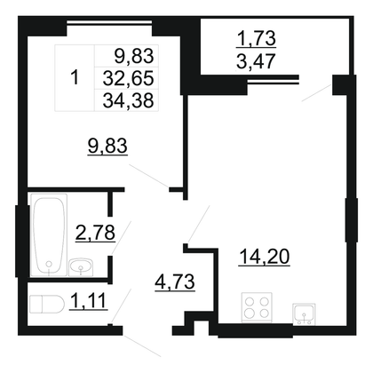 34,4 м², 1-комн. квартира, 2/11 этаж