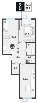 Продажа 2-комнатной квартиры 72,2 м², 14/18 этаж