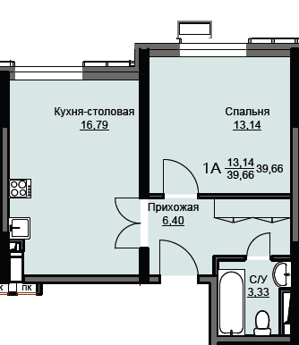 39,7 м², 1-комн. квартира, 1/17 этаж