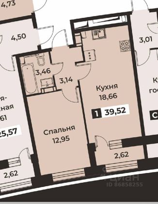 Продажа 1-комнатной квартиры 39,5 м², 12/18 этаж
