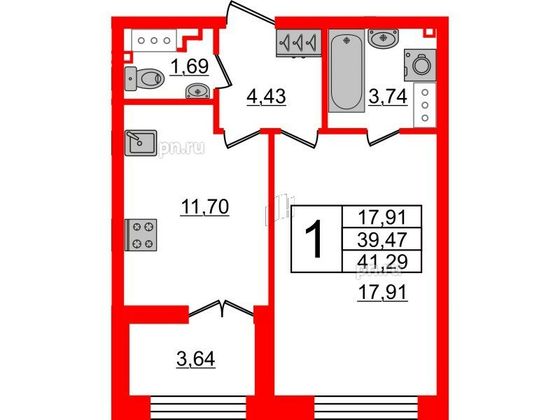 Продажа 1-комнатной квартиры 39,5 м², 3/8 этаж