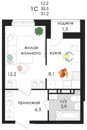 31,2 м², 1-комн. квартира, 9/9 этаж