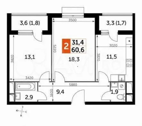 Продажа 2-комнатной квартиры 60,8 м², 8/8 этаж