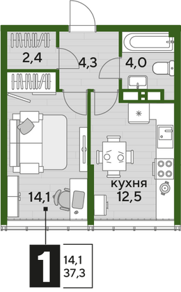 Продажа 1-комнатной квартиры 37,3 м², 15/16 этаж