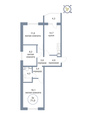 71 м², 3-комн. квартира, 12/15 этаж