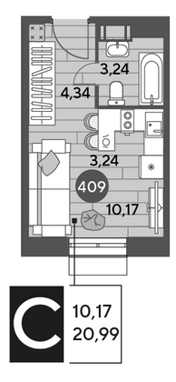 Продажа квартиры-студии 21 м², 6/15 этаж