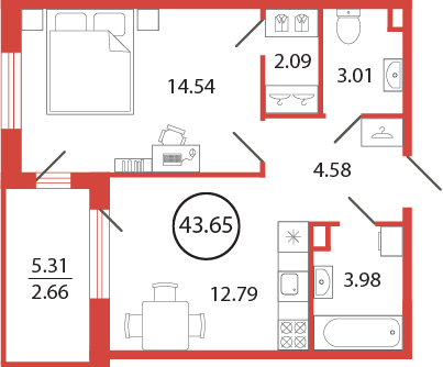 Продажа 1-комнатной квартиры 43,7 м², 12/12 этаж