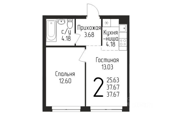 Продажа 2-комнатной квартиры 37,7 м², 22/25 этаж