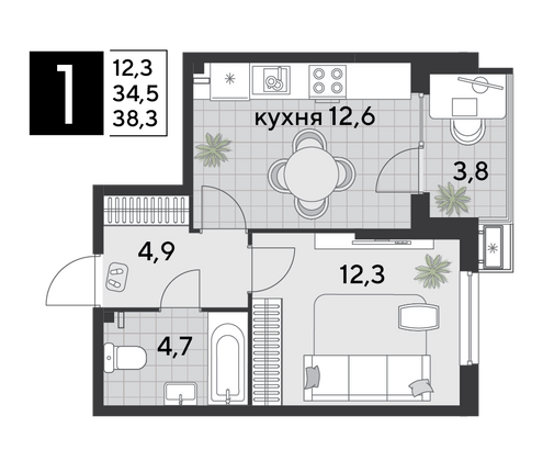 38,3 м², 1-комн. квартира, 2/18 этаж