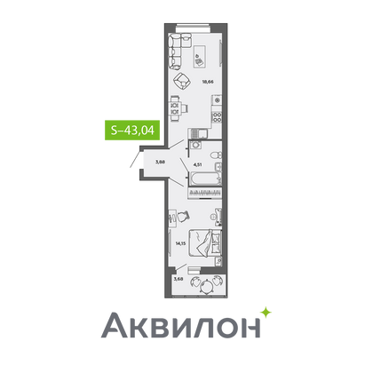 43 м², 1-комн. квартира, 1/9 этаж