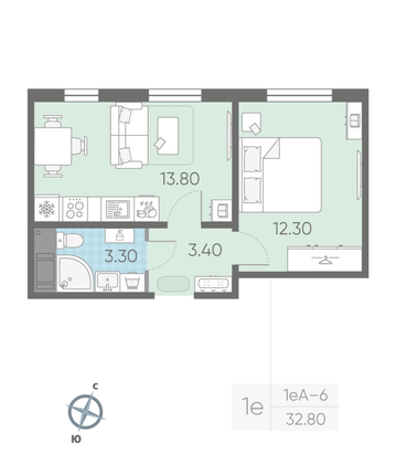 Продажа 1-комнатной квартиры 32,8 м², 3/16 этаж