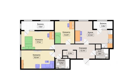 Продажа 3-комнатной квартиры 95 м², 5/19 этаж