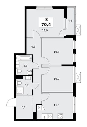 70,4 м², своб. планировка, 8/11 этаж