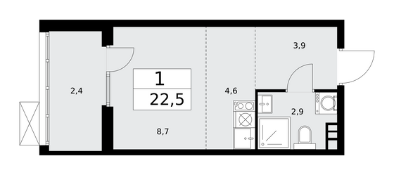 22,5 м², 1-комн. квартира, 7/15 этаж