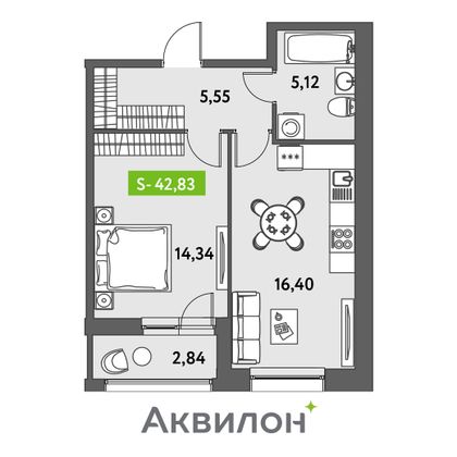 42,8 м², 1-комн. квартира, 2/12 этаж