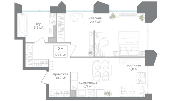 Продажа 1-комнатной квартиры 53,4 м², 12/19 этаж