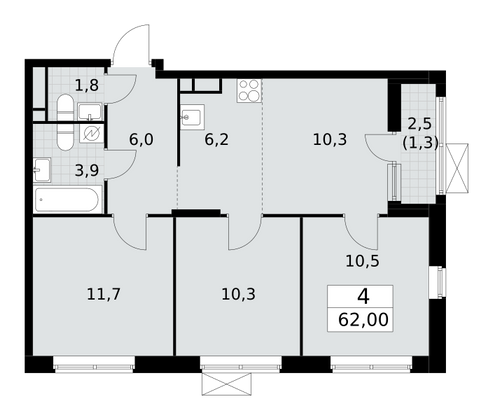 62 м², 4-комн. квартира, 8/16 этаж