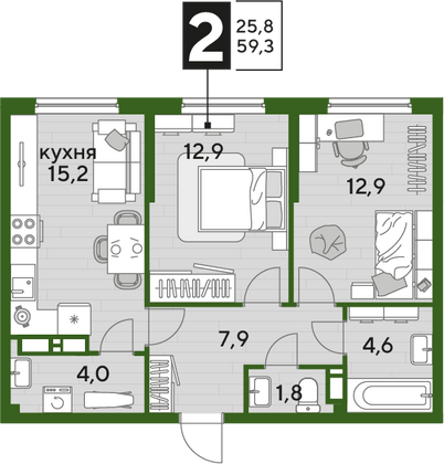 Продажа 2-комнатной квартиры 59,3 м², 12/16 этаж