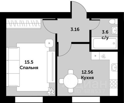 Продажа 1-комнатной квартиры 34,8 м², 2/4 этаж