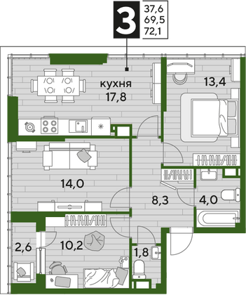 Продажа 3-комнатной квартиры 72,1 м², 19/19 этаж