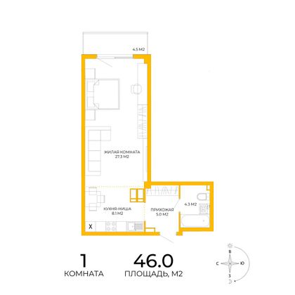 46 м², 1-комн. квартира, 6/17 этаж