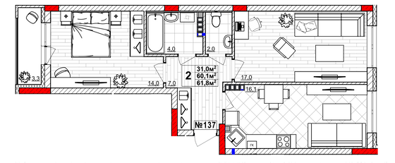 Продажа 2-комнатной квартиры 61,8 м², 4/4 этаж