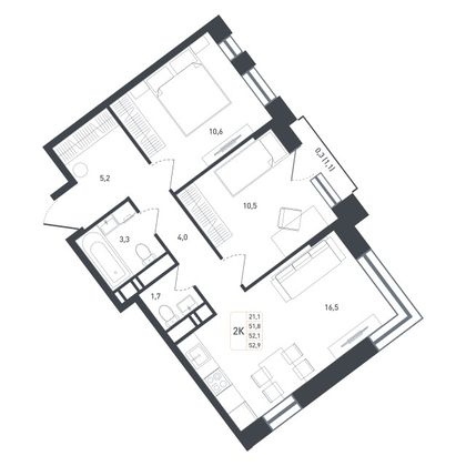 52,1 м², 2-комн. квартира, 4/8 этаж