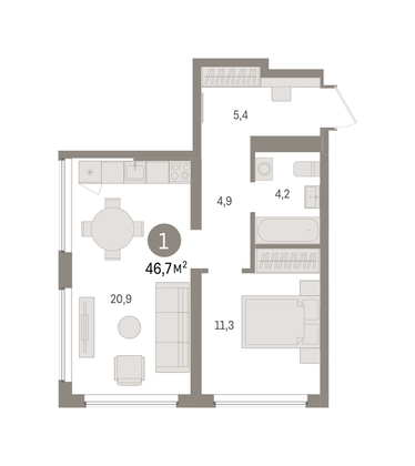 46,7 м², 1-комн. квартира, 4/9 этаж