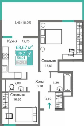 56 м², 2-комн. квартира, 1/10 этаж