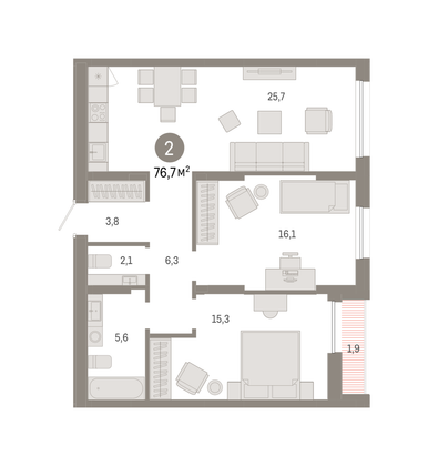 Продажа 2-комнатной квартиры 76,7 м², 15/17 этаж