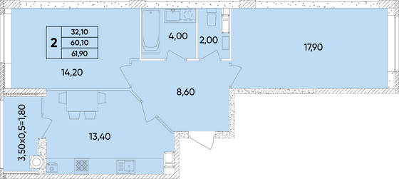 61,9 м², 2-комн. квартира, 2/9 этаж