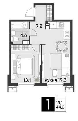 Продажа 1-комнатной квартиры 44,2 м², 3/18 этаж