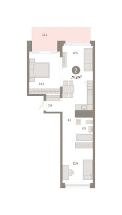 74,8 м², 2-комн. квартира, 1/8 этаж