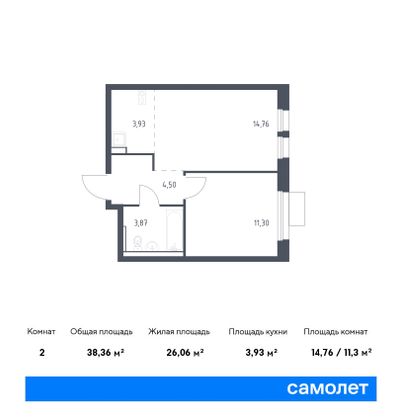 38,4 м², 1-комн. квартира, 16/17 этаж