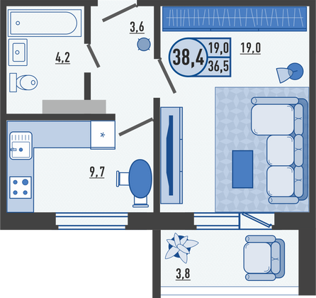 38,4 м², 1-комн. квартира, 15/16 этаж