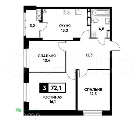 Продажа 3-комнатной квартиры 72 м², 6/24 этаж