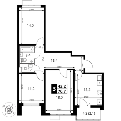 76,7 м², 3-комн. квартира, 4/22 этаж