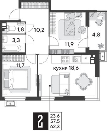 Продажа 2-комнатной квартиры 62,3 м², 3/9 этаж