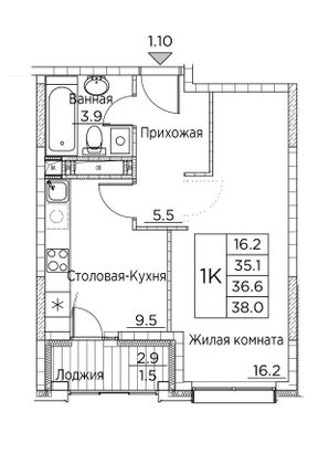 38 м², 1-комн. квартира, 22/23 этаж