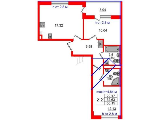 Продажа 2-комнатной квартиры 52,6 м², 4/4 этаж