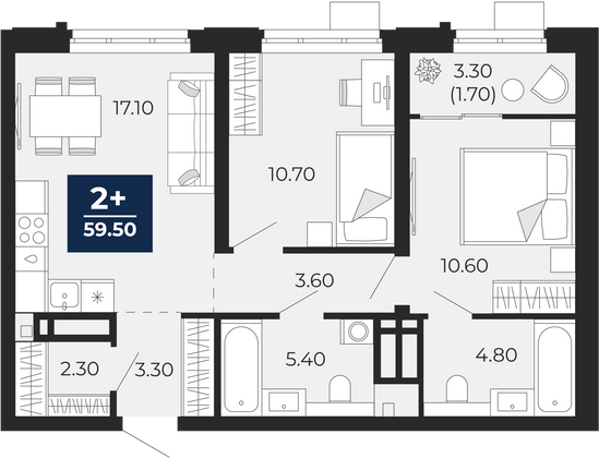 59,5 м², 2-комн. квартира, 6/25 этаж