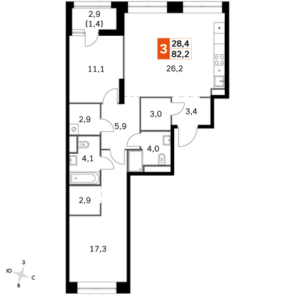 82,2 м², 3-комн. квартира, 3/31 этаж