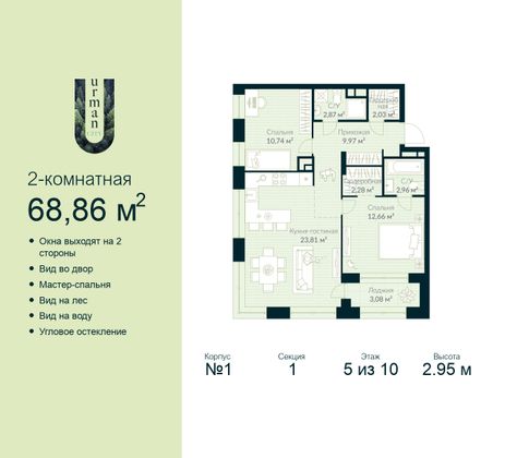 68,9 м², 2-комн. квартира, 5/10 этаж