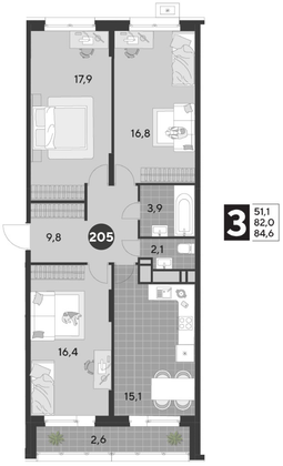 Продажа 3-комнатной квартиры 84,6 м², 17/21 этаж