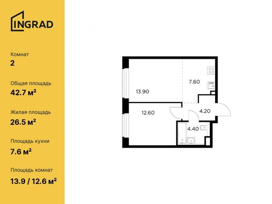 42,7 м², 2-комн. квартира, 3/17 этаж