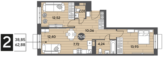 Продажа 2-комнатной квартиры 62,9 м², 13/15 этаж