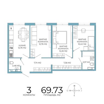 69,7 м², 3-комн. квартира, 2/18 этаж