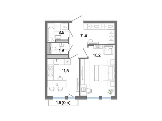 45,6 м², 1-комн. квартира, 3/4 этаж